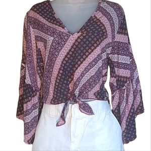 Anthropologie Lavender Field Crop Top Trumpet / Bell Sleeve Boho V-Neck Blouse